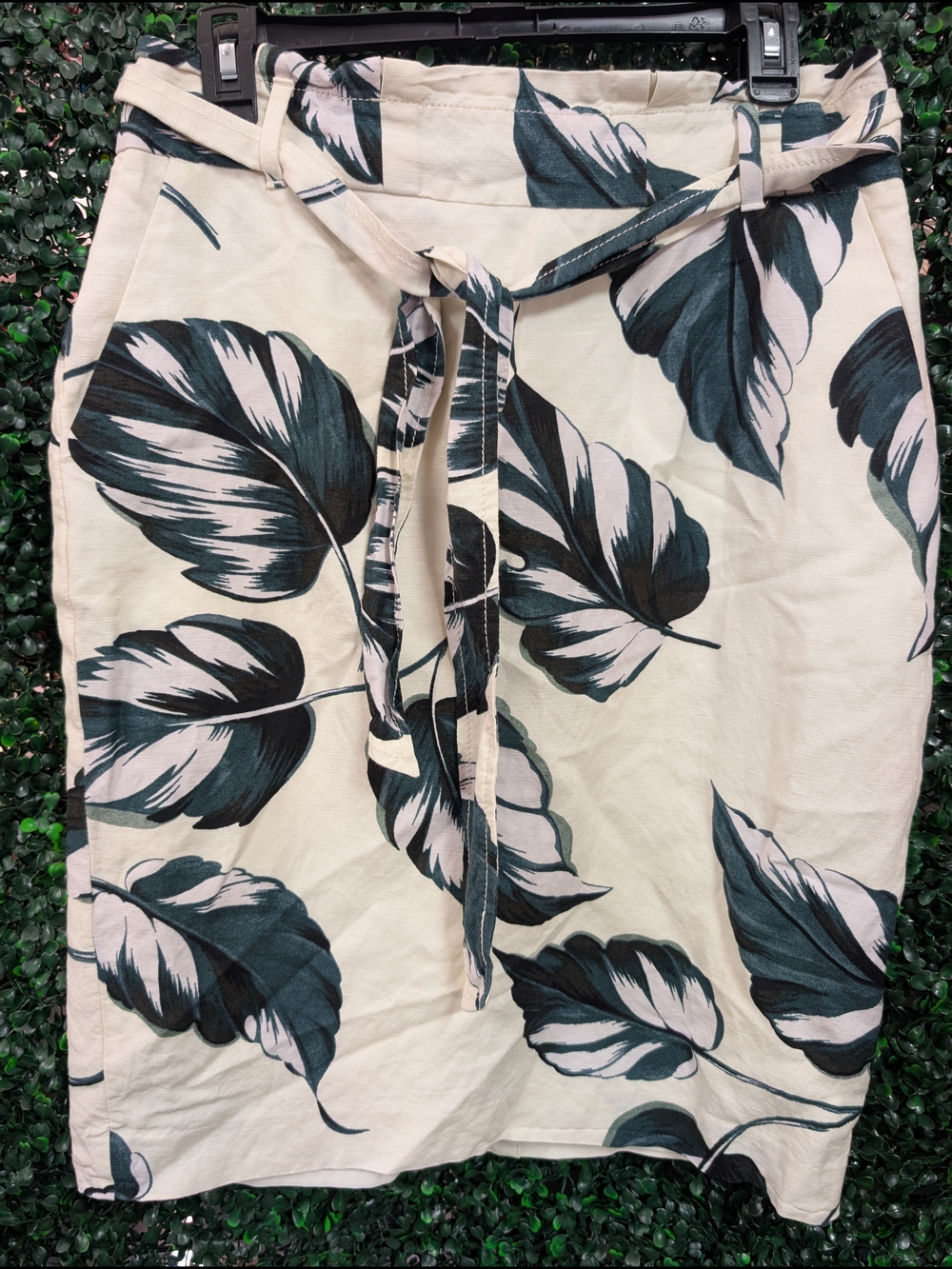 Ann Taylor Teal and Cream Tropical-Print Skirt with Waist Tie